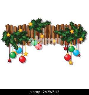 Wand Weihnachten Einrichtung mit herabhängenden Christbaumkugeln, tannenzweigen, Socke mit Geschenken auf weißem Hintergrund. Beispiel für Poster, party Urlaub Einladung Stock Vektor