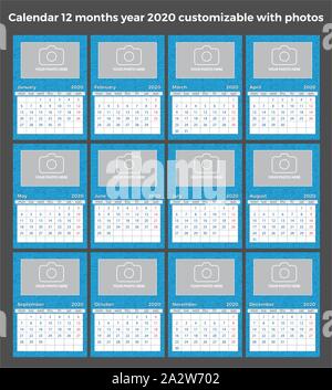 Kalender 12 Monate 2020 individuell mit Text, Fotos und Farben Stock Vektor
