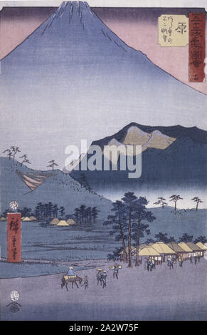 Hara: Blick auf Ashitakayama und Fuji, Utagawa Hiroshige 歌川広重 (Japanisch, 1797-1858), Edo, Juli 1855, Tinte auf Papier, Farbe, Holzschnitt, keine Messung details., Signiert: Hiroshige hitsu der Censor Dichtung: aratame, Serie, berühmten Blick auf die Dreiundfünfzig Stationen des Tokaido (Gojusan tsugi meisho zue), Asiatische Kunst Stockfoto