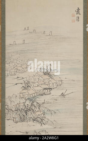 River Village und Angeln vergnügen, Ike keine Taiga (Japanisch, 1723-1776), Edo, 1723-1776, Farbe und Tinte auf Papier, 45-5/8 x 16-1/2-in. (Bild) 73-7/16 x 22-5/16 in. (Montage w/Knöpfe) 73-7/16 x 18-7/8-in. (Montage ohne Knöpfe), unterzeichnet: Kasho Dichtung: [?] Dichtung: [Ike Mumei in], Asiatische Kunst Stockfoto