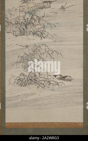 River Village und Angeln vergnügen, Ike keine Taiga (Japanisch, 1723-1776), Edo, 1723-1776, Farbe und Tinte auf Papier, 45-5/8 x 16-1/2-in. (Bild) 73-7/16 x 22-5/16 in. (Montage w/Knöpfe) 73-7/16 x 18-7/8-in. (Montage ohne Knöpfe), unterzeichnet: Kasho Dichtung: [?] Dichtung: [Ike Mumei in], Asiatische Kunst Stockfoto