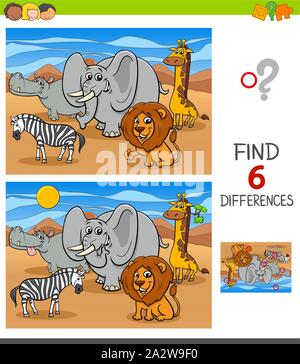 Cartoon Illustration des Findens von sechs Unterschiede zwischen den Bildern Lernspiel für Kinder mit Safari Wild Animal komische Zeichen Stock Vektor