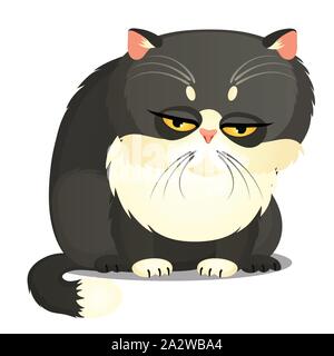 Traurige, fett graue Katze mit gelben Augen isoliert auf weißem Hintergrund. Lustiges Tier. Vektorgrafik Cartoon Nahaufnahme Illustration. Stock Vektor