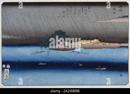 Regen in der Nacht bei Karasaki, Utagawa Fusatane (Japanisch), Edo, 1866, Tinte auf Papier, Farbe, Holzschnitt, 8-3/4 x 13-7/16 in. (Bild) 10 x 14-5/8-in. (Blatt), vom Künstler signiert: Fusatane ga von Publisher, Mark: Mori-ya Jihei Datum und Zensur Dichtungen: Kreisförmige aratame und Datum für Tiger, 9. Monat, entsprechend 1866. Bezeichnet: Gedicht: Am Abend Regen, der Sound der Nacht Wind, immer mehr berühmt, die Kiefer von Karasaki, Serien, Acht Ansichten von Ōmi, Asiatische Kunst Stockfoto