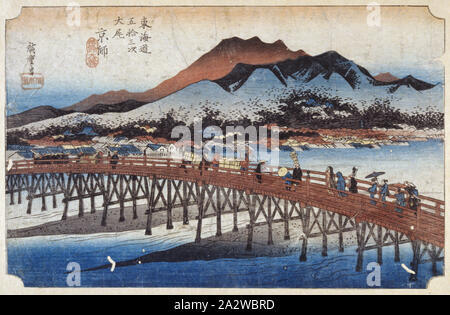 Keishi (Kyoto), Kapital, Utagawa Hiroshige 歌川広重 (Japanisch, 1797-1858), Edo, 1833-1834, Tinte auf Papier, Farbe, Holzschnitt, 8-7/8 x 13-3/4-in. (Bild, Blatt getrimmt Bild auf allen Seiten), vom Künstler signiert: Hiroshige ga von Publisher, Mark: Hōeidō (takenouchi Magohachi) bezeichnet: Titel und Titel der Serie, andere Titel, Untertitel: Große Sanjo Brücke, Serie, die 53 Stationen des Tōkaido: Ende, Asiatische Kunst. Stockfoto