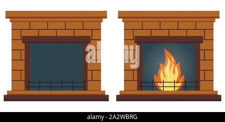 Kamin Symbol mit und ohne Flamme auf weißem Hintergrund Vector Illustration in einem Cartoon Flat Style isoliert. Stock Vektor