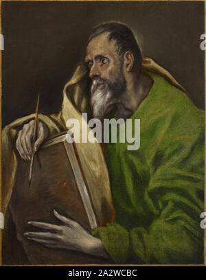 St. Lukas, El Greco (Griechisch, 1541-1614), Werkstatt von El Greco (Griechisch, 1541-1614), ca. 1610-1614, Öl auf Leinwand, 28-1/4 x 21-5/8-in. (Canvas) 39 x 31-7/8 x 3-3/4 in. (Gerahmt/verglast), eingeschrieben Initialen in schwarzer Ölfarbe, unten links: D.T., europäische Malerei und Skulptur vor 1800 Stockfoto