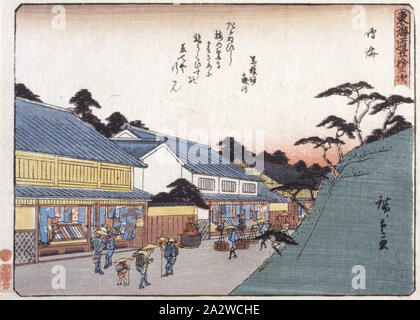 Station 41, Narumi, Utagawa Hiroshige 歌川広重 (Japanisch, 1797-1858), Edo, über 1841 farb Holzschnitt auf Papier, 15-1/2 x 21 in. (Bild) 16-1/2 x 22 in. (Blatt), Artist's Signatur: Hiroshige ga Censor Dichtung: Kreisförmige kiwame mark Herausgeber: Sano-ya Kihei (Sano-Ki) (Kikakudō), Serie, 53 Stationen des Tōkaidō, Asiatische Kunst Stockfoto