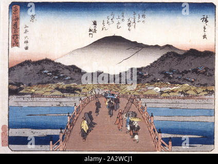 Kyoto: Sanjō-Brücke, Utagawa Hiroshige 歌川広重 (Japanisch, 1797-1858), Edo, über 1841 farb Holzschnitt auf Papier, 15-1/2 x 21 in. (Bild) 16-1/2 x 22 in. (Blatt), Artist's Signatur: Hiroshige ga Censor Dichtung: Kreisförmige kiwame mark Herausgeber: Sano-ya Kihei (Sano-Ki) (Kikakudō), Serie, 53 Stationen des Tōkaidō, Asiatische Kunst Stockfoto