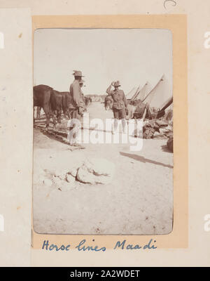 Fotografie - 'Pferd Linien', Maadi, Ägypten, Trooper G.S. Millar, der Erste Weltkrieg, 1914-1915, einer der 49 Fotos in ein Album vom Ersten Weltkrieg wahrscheinlich von Troop (später Leutnant) G.S. genommen worden zu sein Millar, die die Light Horse camp in Ägypten, 1915 vor Gallipoli. Bild zeigt das Pferd Linien in Maadi, zusammen mit zwei unbekannten Soldaten. Innerhalb des Lagers wurden Pferde angebunden mit Kopf und Ferse Seile zwischen mehr Seile als Streikposten bekannt. Der Sattel Stockfoto