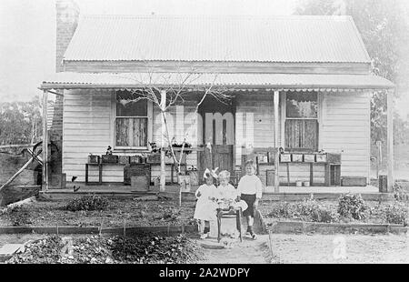 Negative - Ballarat, Victoria, ca. 1920, ein kleines Mädchen und Jungen mit einem Baby, das zwischen ihnen auf einem hohen Stuhl. Sie sind vor einem kleinen Holzhaus mit Garten. Auf der Veranda sind home Möbeln und Pflanzen. Stockfoto