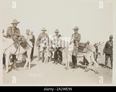 Foto - Kapitäne McCrae, Mason & McKenna mit Consulta De Ravin & Scanlan, Ägypten, Kapitän Edward Albert McKenna, der Erste Weltkrieg, 1914-1915, einer der 108 Bilder in einem Album vom Ersten Weltkrieg wahrscheinlich durch Kapitän Edward Albert McKenna genommen worden zu sein. Das Album enthält Fotos der 7 Bataillon in Ägypten. Bild der Kapitäne McCrae, Mason und McKenna (zweiter von links) und Leutnants De Ravin und Scanlan mit Eseln, begleitet von "jungen Onkey." Kapitän Geoffery Gordon McCrae bis 7 Bataillon C Unternehmen zugewiesen wurde. Er war Stockfoto