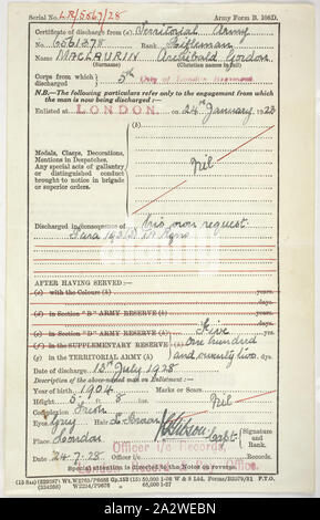 Zertifikat, ausgestellt von Archibald Gordon Maclaurin, Britische territorialen Armee, 13 Jun 1928, Zertifikat der Entlastung erteilt von Archibald Gordon Maclaurin, das vom Britischen territorialen Armee am 13. Juli 1928. Das Dokument zeichnet seinen Rang als Rifleman, Datum der Eintragung, 24. Januar 1923, und stellt fest, dass er von seinen eigenen Antrag am 13. Juli 1928 eingeleitet wurde. Archibald Gordon Maclaurin wurde 1904 im Westham in London geboren. Er als Drucker geschult und suchten Arbeit in Australien als es wenige Waren Stockfoto