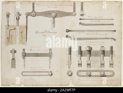 Technische Zeichnung - James Watt, Detail der Komponenten für Wanlockhead Motor, Blatt Nr. 7, 1785, Hand - farbige Tusche und Aquarell Skizze mit Hochheben, Querschnitte und planen einen Blick auf einige wichtige Komponenten einer atmosphärischen Verdichtung Strahl pumpen Motor durch James Watt konzipiert und von der Firma Bolton & Watt, Birmingham geliefert wird, an der Margaret Bergwerk Wanlockhead, in Schottland, in 1785-86. Maßstab: 1/4 Zoll bis 1 Zoll. Undatierten, aber wahrscheinlich 1785. Die Zeichnung ist Teil einer Reihe von technischen Stockfoto