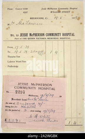 Rechnung & Quittung - Jessie McPherson Community Hospital, 19. Mai 1939 Rechnung und Beleg zu Connie Duffell vom Jessie McPherson Community Hospital, vom 19. Mai 1939. Die Rechnung zeigt Roger im Krankenhaus für 2 zusätzliche Tage blieb. Bodensee Duffell wurde in England im Jahre 1910 geboren. Sie wanderten nach Australien mit ihren Eltern und Bruder auf der 'Narkunda' im Jahre 1927 im Alter von 17 Jahren. Während der Reise Connie mit einem anderen Mädchen (ein Fremder) auf der unteren untergebracht war Stockfoto