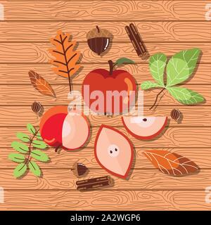 Äpfel mit Blättern im Herbst im Hintergrund Holz- Stock Vektor