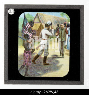 Laterne Folie - Livingstone und Stanley Treffen, Leben & Arbeiten von Dr. David Livingstone, ca. 1900, Laterne Folie mit der Darstellung der Begegnung zwischen David Livingstone und Henry Morton Stanley. Es ist Teil eines unvollständigen Satz von 40 Dias, zwei fehlen, zeigt Highlights aus Livingstone's Leben und Reisen. Diese Folien wurden durch die London Stereoscopic & fotografische Begleitung für die London Missionary Society, ca. 1900 hergestellt. Dr. David Livingstone (1813-1873) verbrachte 30 Jahre Stockfoto