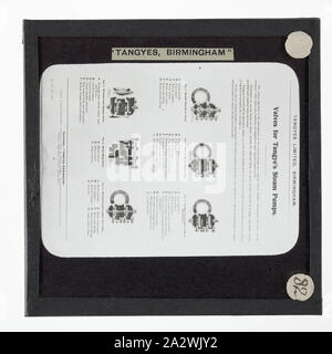 Lantern Slide-Tangyes Ltd, Dampf Pumpe Ventil Diagramme, um 1910, eine der 239 Glas Laterne Folien, Produkte von Tangyes begrenzt Ingenieure von Birmingham, England hergestellt. Die Bilder gehören verschiedene Produkte wie Motoren, Kreiselpumpen, Hydraulikpumpen, Gasproduzenten, Materialprüfung, Pressen, Werkzeugmaschinen, Hydraulikzylinder etc. Tangyes war ein Unternehmen, das von 1857 bis 1957 betrieben. Sie produziert eine Vielzahl von Engineering Stockfoto