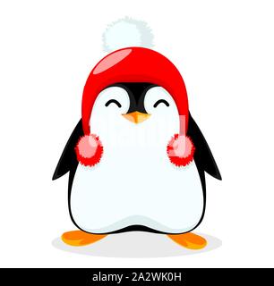 Süße kleine Pinguin tragen Süße warme Mütze. Funny Pinguin cartoon Charakter. Vector Illustration auf weißem Hintergrund. Stock Vektor