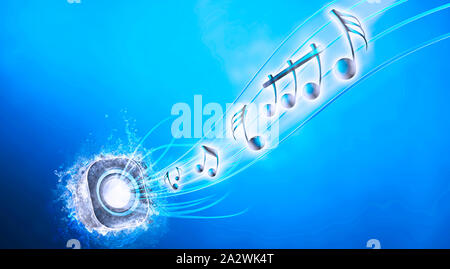 Musik aus einem Lautsprecher. Lautsprecher auf Wasser Pool, Musik Blast, kraftvollen Klang, Blau und Magenta. Stockfoto