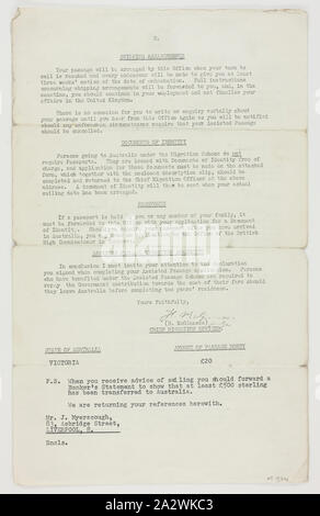 Letter-Siedlung Anwendung Genehmigung, Myerscough 1963, Schreiben vom 27/03/1963, vom Chef Migration Offizier des Amtes des Hohen Kommissars für Deutschland, John myerscough, Angabe seines Antrags auf Regelung in Australien unter dem Assisted Passage Migration Regelung genehmigt wurde. Der Staat zur Beilegung gewählt wurde Victoria. Der Brief war Teil der Anwendung und Akzeptanz für die myerscough's aus England zu migrieren. Stockfoto