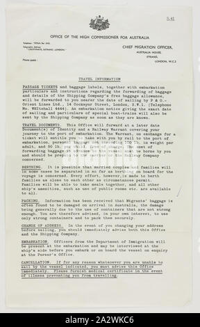 Letter-Schiff Reiseinformationen, Myerscough, 1963, Brief aus dem Büro des Hohen Kommissars für Australien über Reiseinformationen wie Passage Tickets, Reisedokumente, Liegeplätze, Verpackung, Änderung der Anschrift, und Einschiffung. Der Brief war Teil der Anwendung und Akzeptanz für die myerscough's aus England im Jahr 1963 nach Australien zu migrieren und hielt als Andenken ihrer Migration Erfahrungen. John und Doreen Myerscough Stockfoto