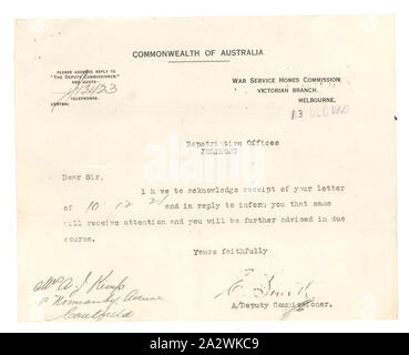 Letter-Krieg Service Wohnungen Kommission mit Frau A. J. Kemp, von pflegestufen Schreiben, 13 Dez 1921, Brief an Annie Kemp, Witwe von Pte Albert Edward Kemp,, die in der Tätigkeit im Jahre 1917 getötet wurde gesendet, während des Ersten Weltkrieges der Brief, der aus dem Krieg Service Wohnungen Kommission, erkennt ihren früheren Schreiben Stockfoto