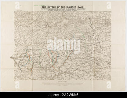 Karte - Frankreich, "Schlacht der Hundert Tage", Maßstab 1:250.000, der Erste Weltkrieg, Aug-Nov 1918, Feld Umfrage Karte von Frankreich, Maßstab 1:250.000, mit dem Titel "Die Schlacht der Hundert Tage', die aufeinander folgenden Vorschüsse auf der Grundlage der Vierten Armee vorne zwischen 8. August und 11. November 1918, die bis zum Waffenstillstand. Die Karte ist vom 26. November 1918. Farbige Linien auf der Karte zeigen den "Allied Front vor dem Angriff" und die Position der vorderen auf August, 8, 10, 20 und 23; September 3, 17, 19. Stockfoto