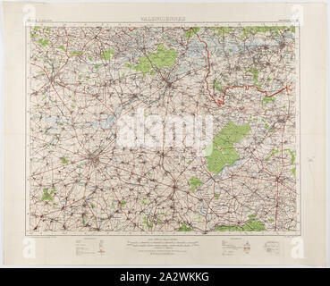 Karte - Militär, Belgien, Valenciennes 12, Maßstab 1:100.000, der Erste Weltkrieg, 1914-1918, militärische Karte von Belgien, Valenciennes 12 Region, Maßstab 1:100.000. Die Karte würde während des Ersten Weltkrieges Karten dieser Größenordnung verwendet wurden, fehlte das Detail für Grabenkämpfe benötigt, statt, der einen Überblick über die Regionen für die Nutzung von älteren Kommandanten. Teil der Sammlung des Ersten Weltkrieges Erinnerungsstücke, die von Sergeant John Herr gespendet (Nr. 6252). John Herr war 19 Jahre alt, als er mit Soldaten Stockfoto