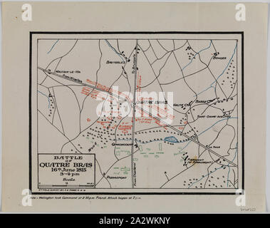 Karte - Schlacht von Quatre Bras und Waterloo Campaign, 16 Jun 1815, 5 Feld Umfrage, 8 Feb 1919, Karte, die die Schlacht von Quatre Bras, 16. Juni 1815. Es war zwei Tage vor der Schlacht bei Waterloo kämpften. Teil einer Reihe von Informationen über die Waterloo Campaign, 1815, bestehend aus drei Karten, zwei Memos und zwei Tabellen, von der Zentrale des 4. australischen Division, zu einigen der Einheiten, die am 15. und 16. März 1919, kurz nach dem Ersten Weltkrieg die Karten der Schlacht von Quatre zeigen Stockfoto