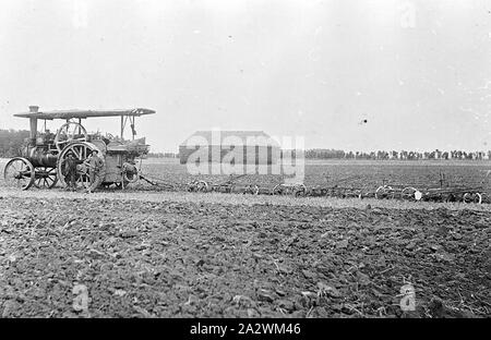 Negative - Dampf Pflügen mit Traktion Motor ziehen drei Pflüge, Werribee, Victoria, 1910, drei Pflüge von einer Zugmaschine gezogen. Obwohl als Fowler Zugmaschine es geglaubt wird, ein aveling und Porter Motor werden beschrieben. Es gibt zwei Männer stehen vor dem Motor, Sie tragen Hüte. Es gibt einen großen Heuhaufen hinter dem Motor. Es gibt viele Bäume und ein Zaun im Hintergrund Stockfoto