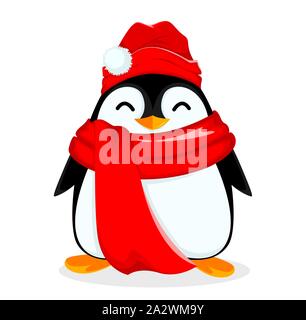Süße kleine Pinguin tragen warme Mütze und Schal. Funny Pinguin cartoon Charakter. Vector Illustration auf weißem Hintergrund. Stock Vektor
