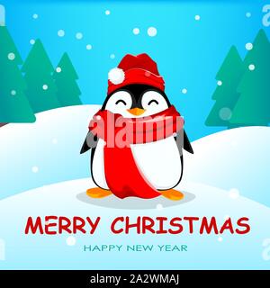 Süße kleine Pinguin im Winter Wald. Lustige Weihnachten penguin cartoon Charakter trug Hut und Schal warnen. Vector Illustration. Stock Vektor
