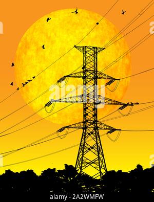 Elektrische Leitung mit Vögeln und Sunrise, Vektor, Abbildung Stock Vektor