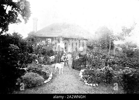 Negative - Moorookyle, Victoria, ca. 1912, zwei Frauen mit ihren Hunden im Garten vor einem Haus Stockfoto