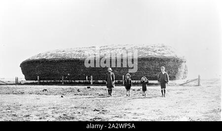 Negative - Dooen North, Victoria, vor 1930, vier Kinder stehen vor einem Heuhaufen mit Wellblech mouse Guard Stockfoto