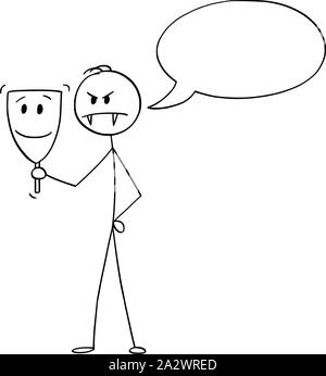 Vektor cartoon Strichmännchen Zeichnen konzeptionelle Darstellung des bösen Mann oder Geschäftsmann, der sich hinter oder Tragen sympathisch oder sympathisch lächelnde Maske. Leere Sprechblase für Ihren Text. Stock Vektor