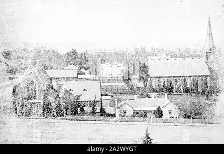 Negative - East Melbourne, Victoria, ca. 1885, nach Osten (?) aus dem Parlament. Chalmer der Freien Kirche ist auf der rechten Seite Stockfoto