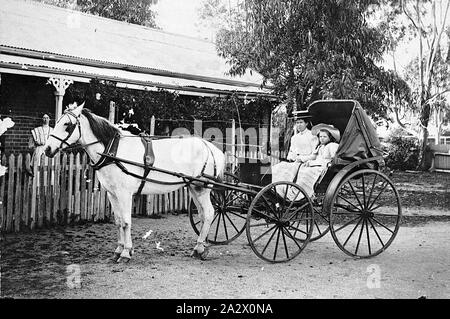 Negative - Bendigo, Victoria, ca. 1900, eine Frau und ein junger Mädchen in einer Kutsche. Es gibt ein Haus im Hintergrund mit einer Frau, die auf der Veranda Stockfoto