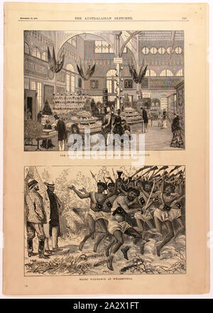 Zeitung Auszüge - "Die australische Gericht am Sydney Exhibition', die Australasian Skizzierer, Adelaide, 22. November 1879, Auszüge aus der Adelaide Edition des Australasian Skizzierer, 22. November 1879 (pp 129-32, 141-44), veröffentlicht durch GN&WH Birks. Die illustrierten Seiten alle beziehen sich auf die Süd Australien Hof an der Sydney internationale Ausstellung (SIE), die am 17. September 1879 eröffnet und für sieben Monate laufen und schließt am 20. April 1880; ein wenig über fünf Monate vor der Melbourne International ausstellung Stockfoto