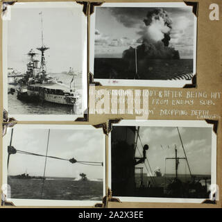 Fotografie - HMS Barham Hit von feindlichen U-Boot, Weltkrieg II, 1941-1942, schwarz-weiß Foto von einer Fotografie Album von David Ralph Goodwin, lief. Das Album enthält 108 Schwarz-Weiß-Fotografien aus dem Zweiten Weltkrieg, viele hoch signifikant, Seeschlachten (Feuer), Hinterbliebene, Verwundeten und Toten auf See bestattet. Die Fotografien sind mit Foto Ecken - Ein paar Jetzt hilflos gesichert. Enthält Bilder von deutschen Truppen der Evakuierung aus Griechenland; Deutsch Stockfoto