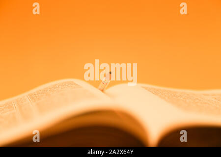 Bibel mit einem Bleistift in die Seiten. Goldene Ernte von Bibel, über Gelb Stockfoto