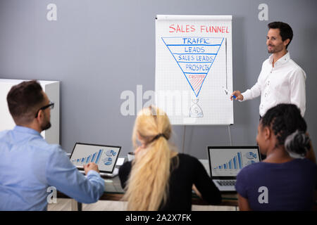 Junge lächelnde Geschäftsmann erklären, Sales Funnel Diagramm an seine Kollegen in Sitzung Stockfoto