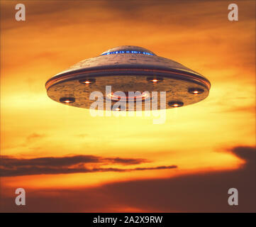 Unbekanntes Flugobjekt. UFO mit Freistellungspfad enthalten. 3D-Darstellung mit Freistellungsmaske. Stockfoto