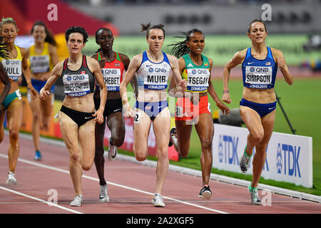 DOHA, Katar. 3 Okt, 2019. Laura Muir von Großbritannien (3. rechts) konkurriert in Frauen 1500 m Halbfinale bei Tag 7 der IAAF Leichtathletik WM - Doha 2019 bei Khalifa International Stadium am Donnerstag, Oktober 03, 2019 in Doha, Katar. Credit: Taka G Wu/Alamy leben Nachrichten Stockfoto