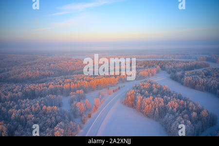 Sibirische ländlichen Winter Landschaft mit Birken, die mit Reif am Morgen Zeit abgedeckt. Luftaufnahme von Drone. Stockfoto