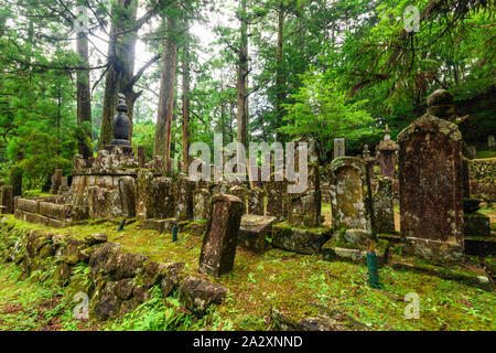 Wakayama, Japan - 23. Juli 2019: Grabsteine von verschiedenen Familien und Clans. Am Berg Koyasan. Stockfoto