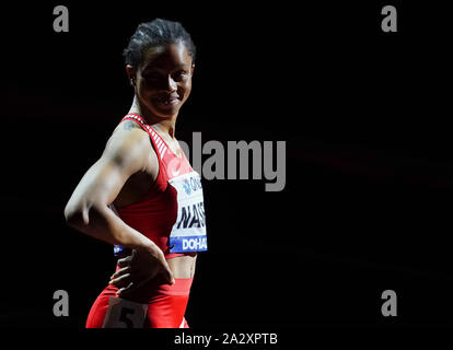 Doha, Katar. 3. Okt, 2019. Salwa Eid Naser von Bahrain reagiert, bevor der Frauen 400 m-Finale bei den IAAF Leichtathletik WM 2019 in Doha, Katar, Oktober 3, 2019. Credit: Wang Jingqiang/Xinhua/Alamy leben Nachrichten Stockfoto