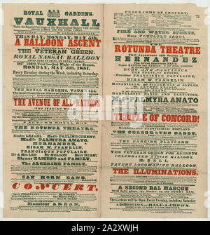 Royal Gardens, Vauxhall... dieser Tag, Montag, 5. Mai, ein Ballon aufstieg wird sich positiv von der Veteran Grün, im Royal Nassau Ballon; Text-only-Breitseite Ankündigung Aufstiege von Charles Green in seinem Ballon Royal Nassau und Hugh Bell, in seinem Patent Lokomotive Ballon aus der Königlichen Gärten, Vauxhall, London, England, Mai 1851. Text beschreibt auch Konzerte und andere Aktivitäten, die in den Gärten. Stockfoto