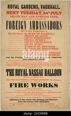 Royal Gardens, Vauxhall. Nächsten Dienstag, 24. Juli, grand am Tag und am Abend Fete, wird zu Ehren der ausländische Botschafter gegeben; nur Text Breitseite Ankündigung Aufstieg von Charles Green's Ballon die Royal Nassau an der Königlichen Gärten, Vauxhall, London. Text beschreibt auch andere Aktivitäten wie ein Feuerwerk im Garten. Die Veranstaltung fand wahrscheinlich 1838, seit Juli 24. auf einem Dienstag in diesem Jahr fiel.; Stockfoto